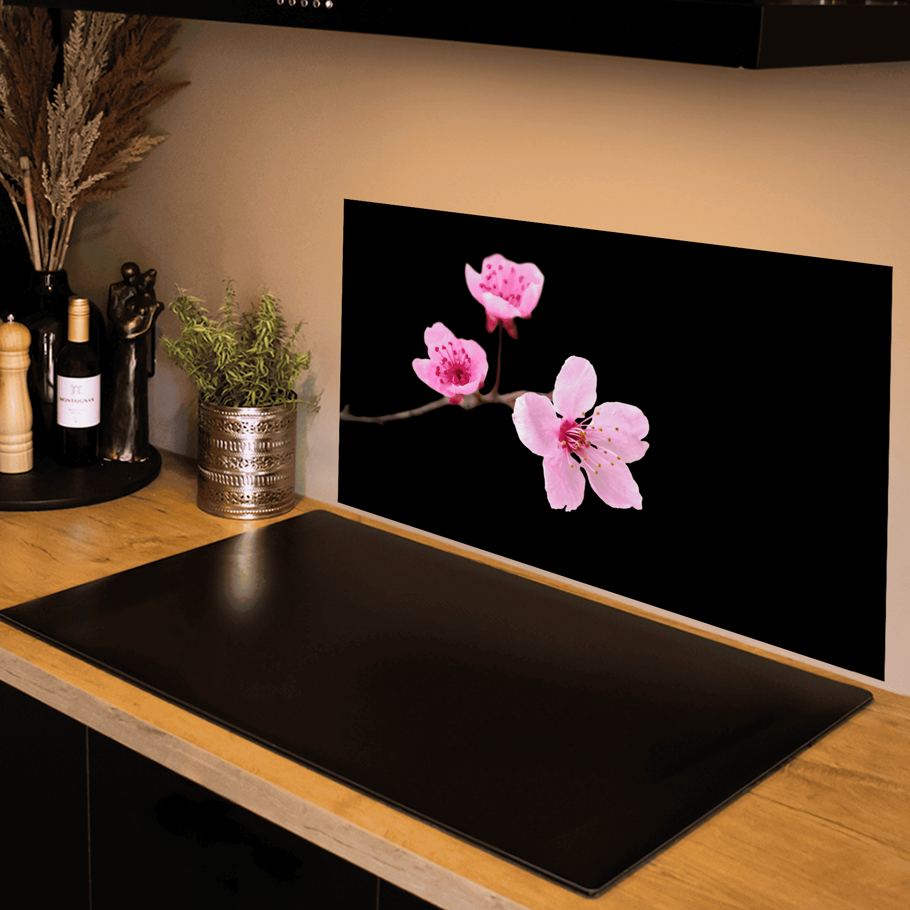 Keuken Spatscherm - Bloemen - Sakura - Roze - Zwart