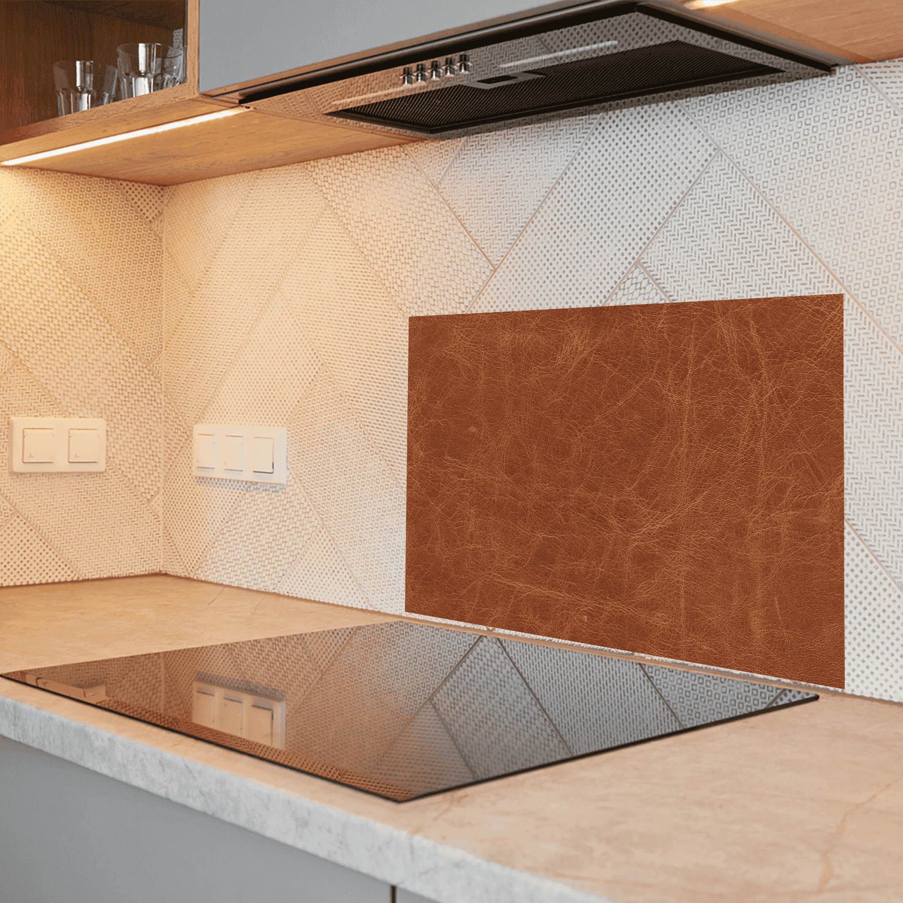 Keuken Spatscherm - Leer look - Patroon - Licht bruin