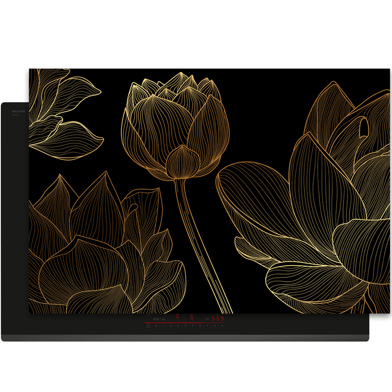 Inductiebeschermer - Black & Gold - Lijntekening - Elegant - Luxe - Lotus - Inductiebeschermer