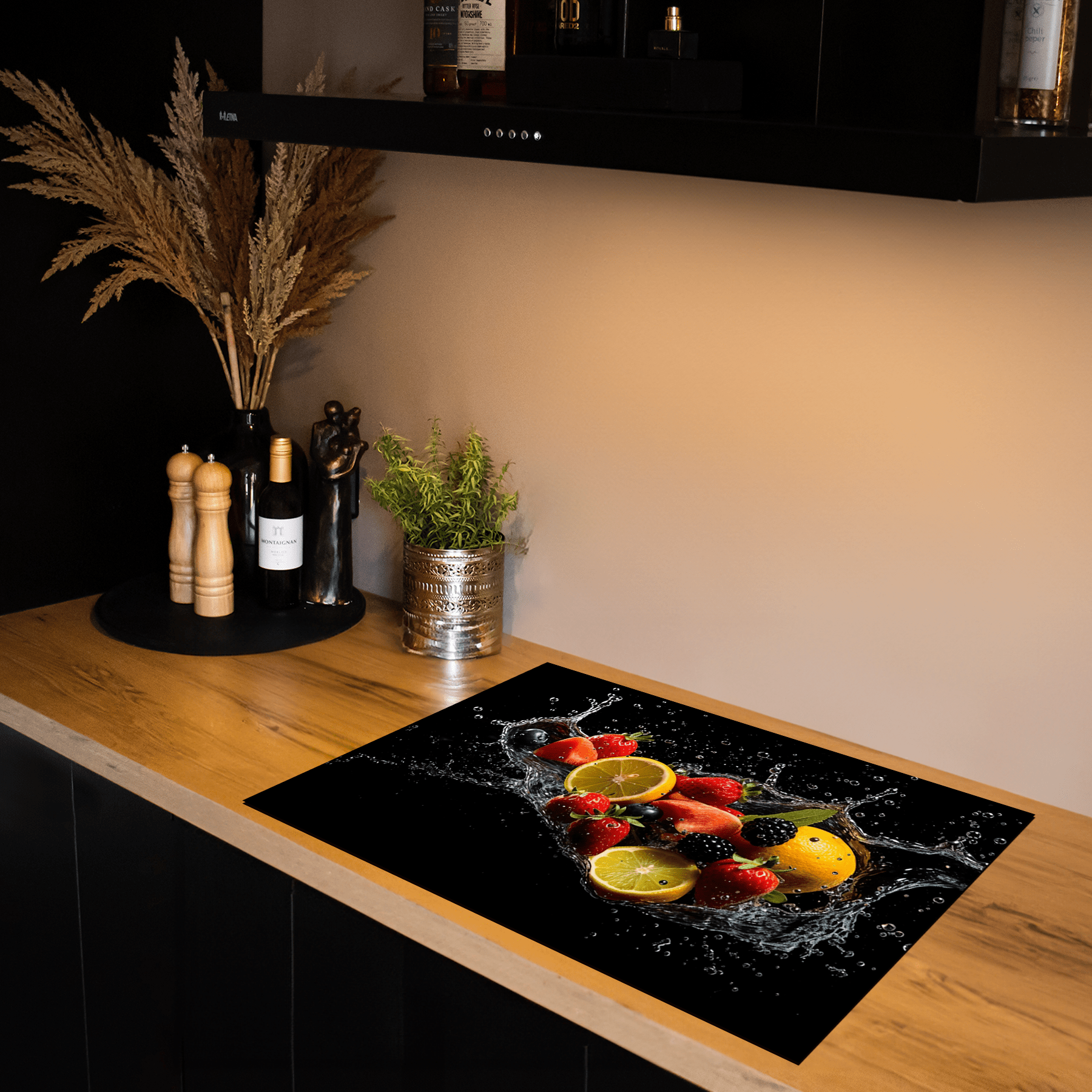 Inductiebeschermer - Splash - Diverse fruitsoorten - Zwart - Inductiebeschermer