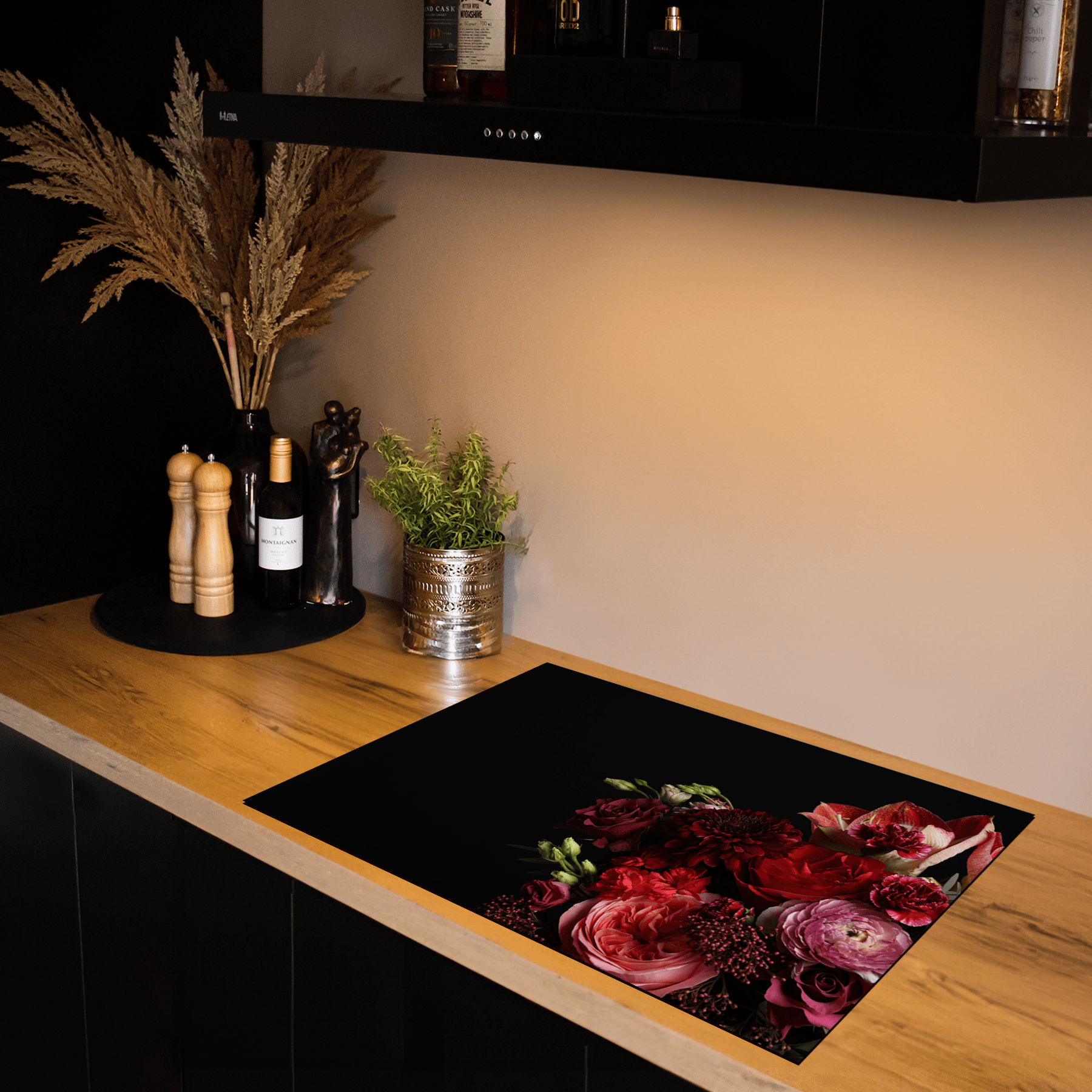 Inductiebeschermer - Bloemen - Boeket - Rood - Zwart - Inductie Maatje