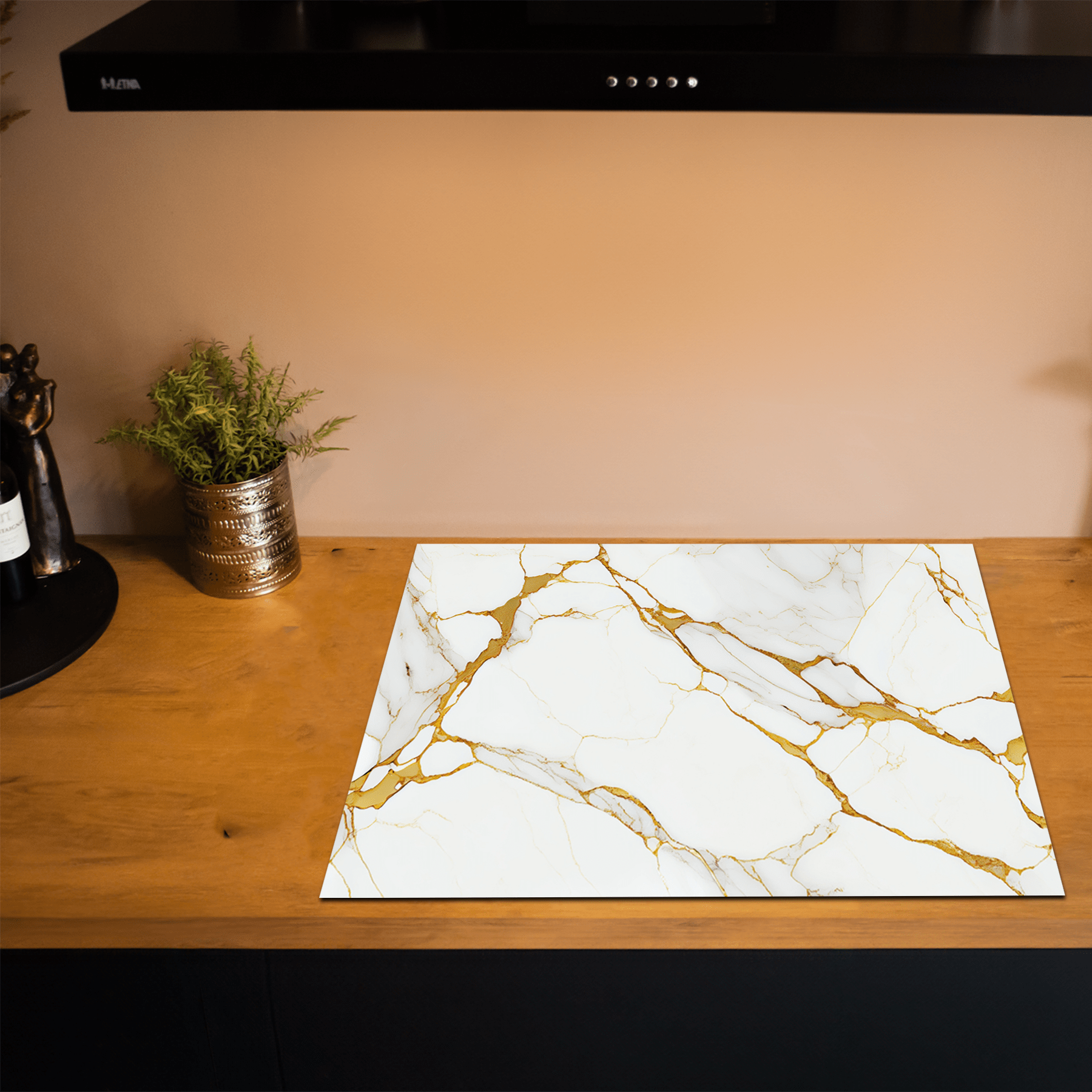 Inductiebeschermer - Marmer - Natuurlijk - Gouden accenten - Wit - Inductiebeschermer