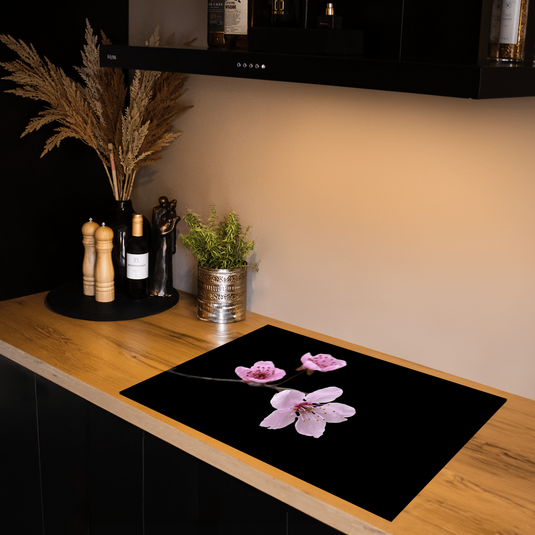 Inductiebeschermer - Bloemen - Sakura - Roze - Zwart - Inductie Maatje