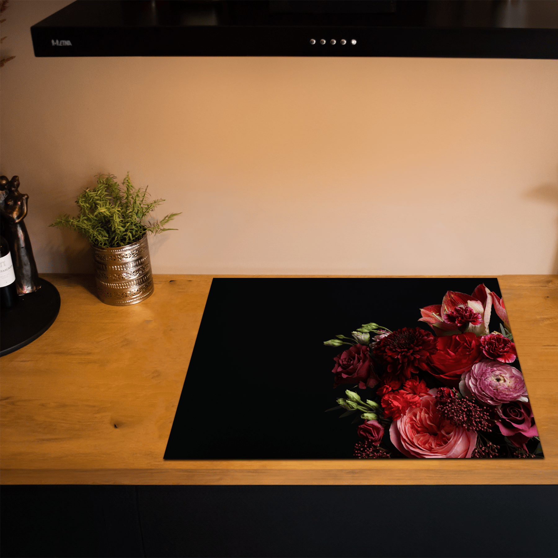 Inductiebeschermer - Bloemen - Boeket - Rood - Zwart - Inductie Maatje