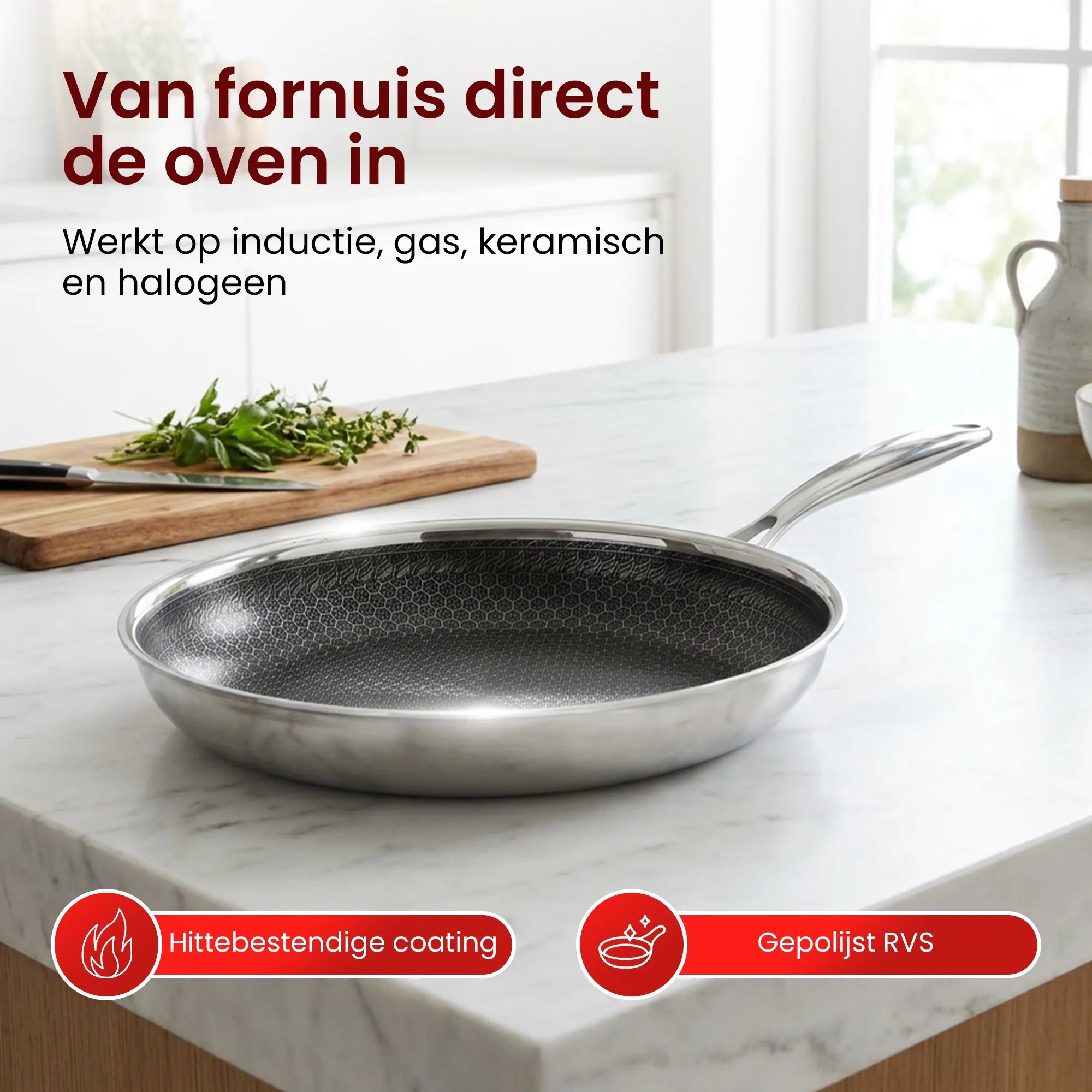 Inductie Maatje hybride koekenpan van gepolijst RVS, geschikt voor inductie, gas, keramisch, halogeen en de oven.