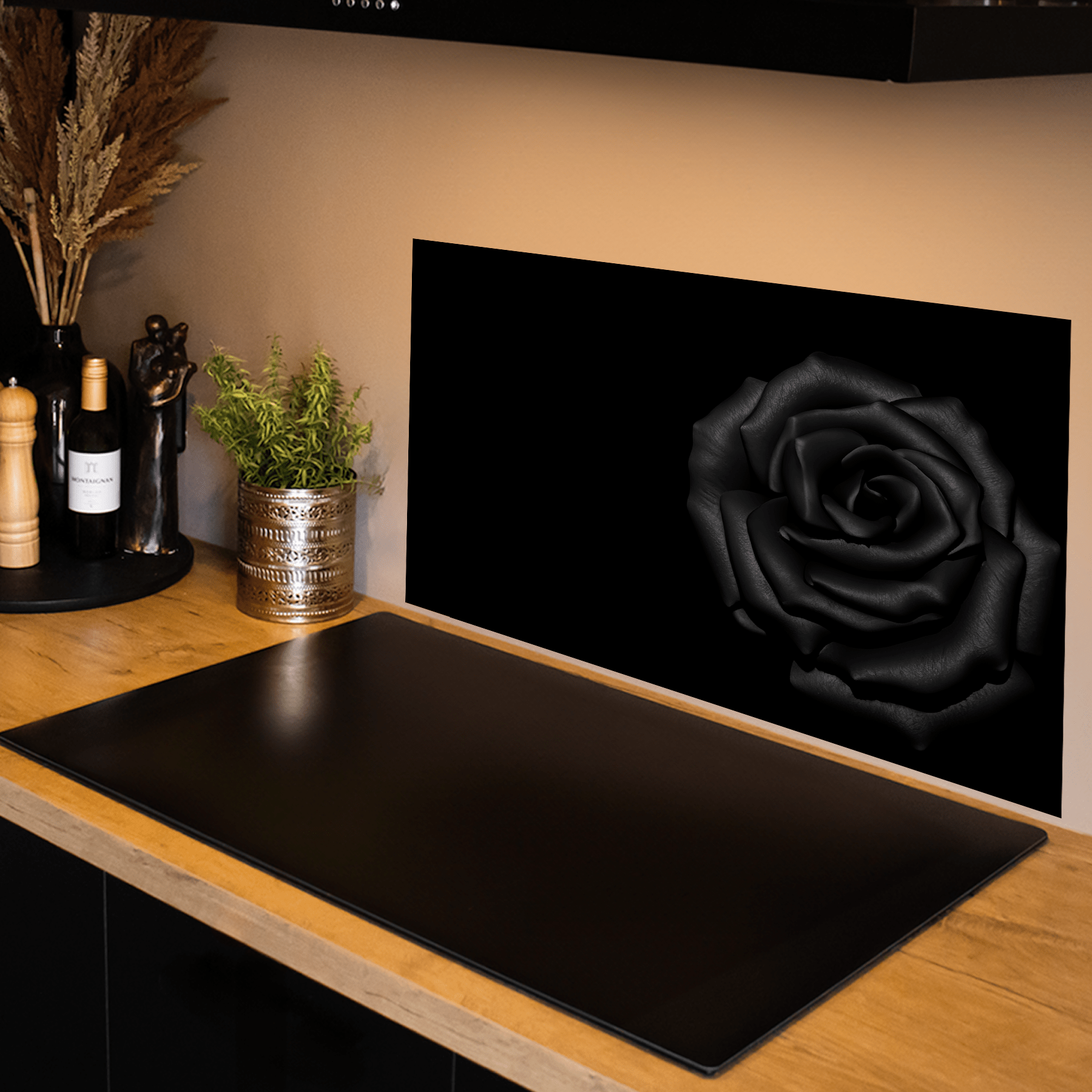 Keuken Spatscherm - Bloemen - Roos - Zwart - keuken spatscherm