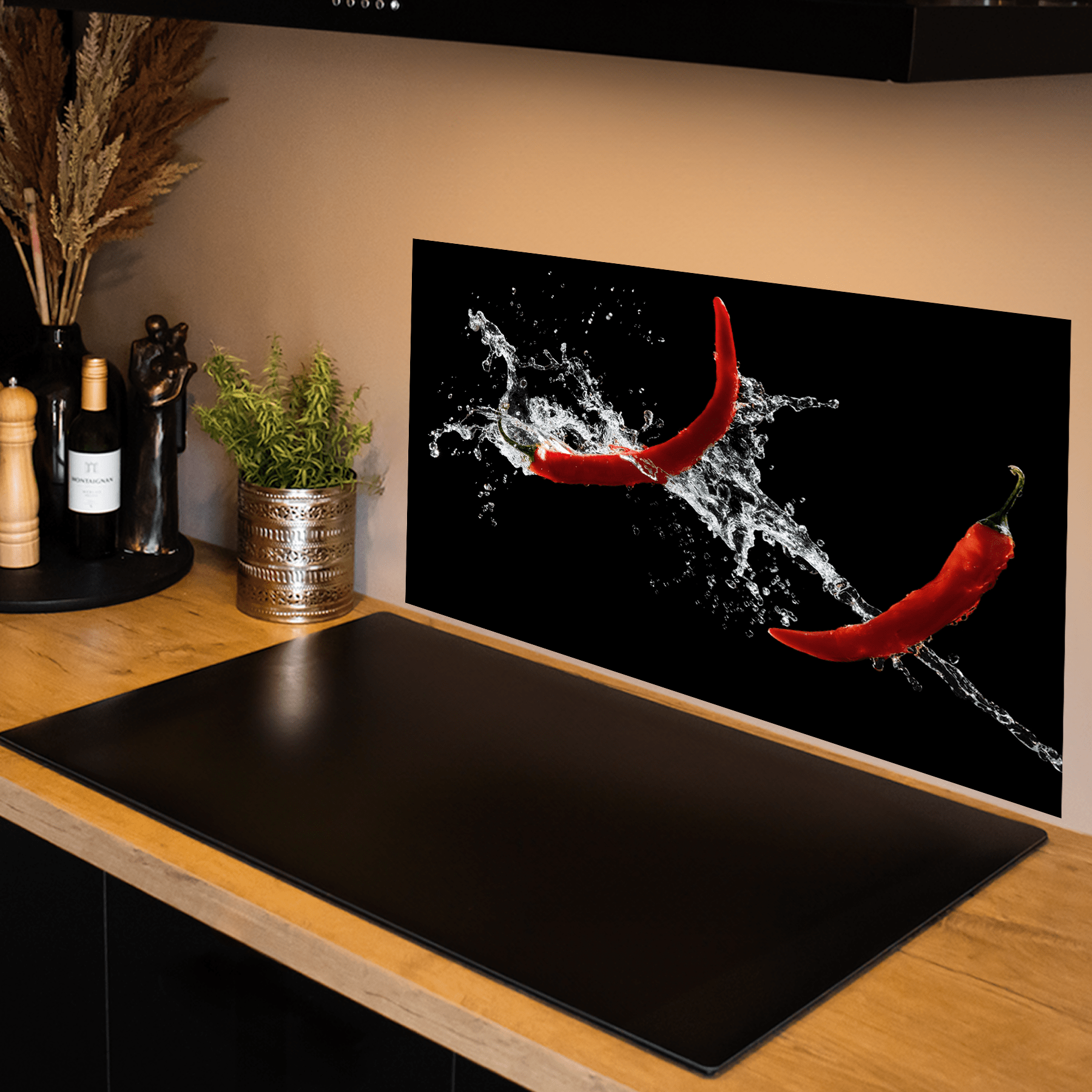 Keuken Spatscherm - Splash - Rode pepers - Zwart - keuken spatscherm