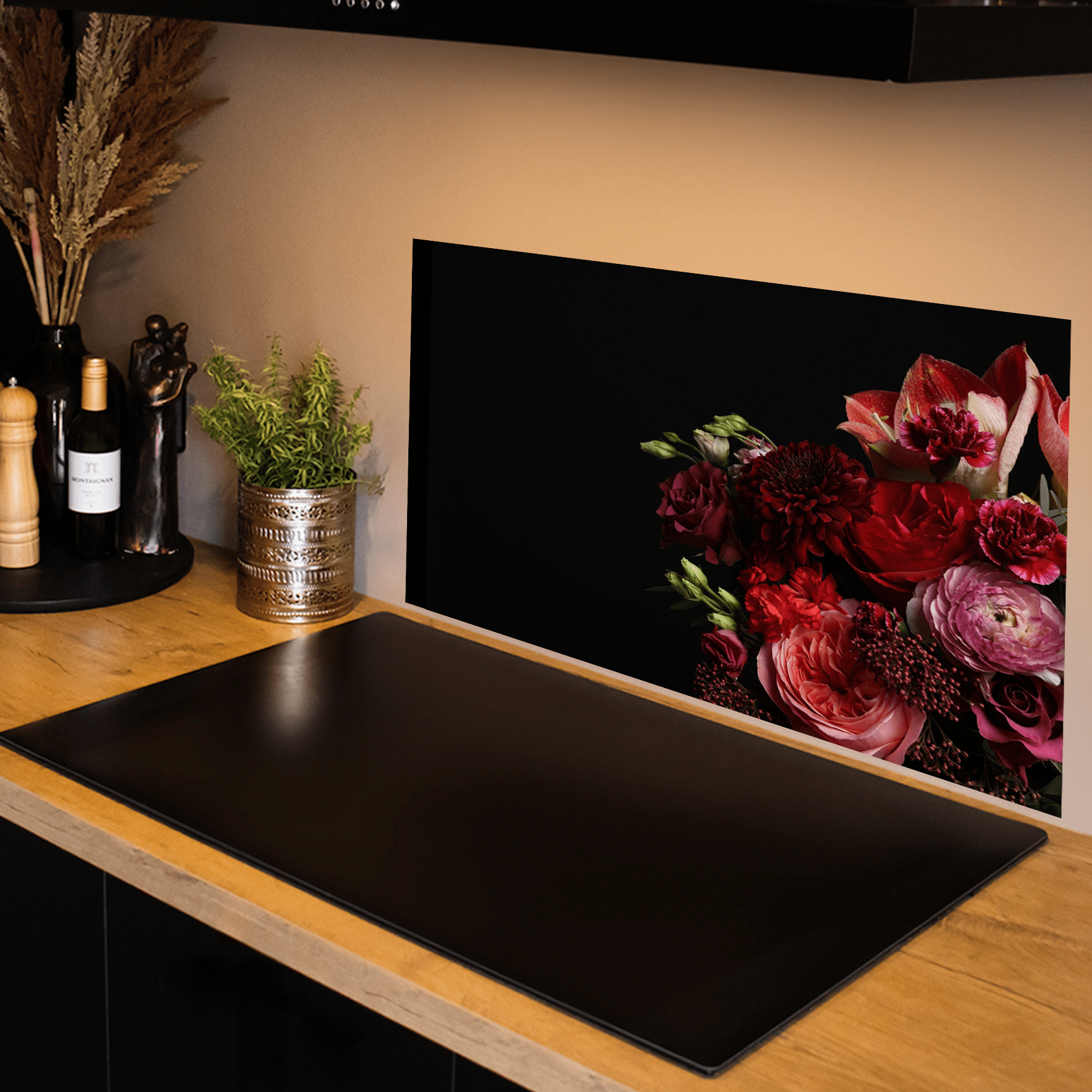 Keuken Spatscherm- Bloemen - Boeket - Rood - Zwart - keuken spatscherm