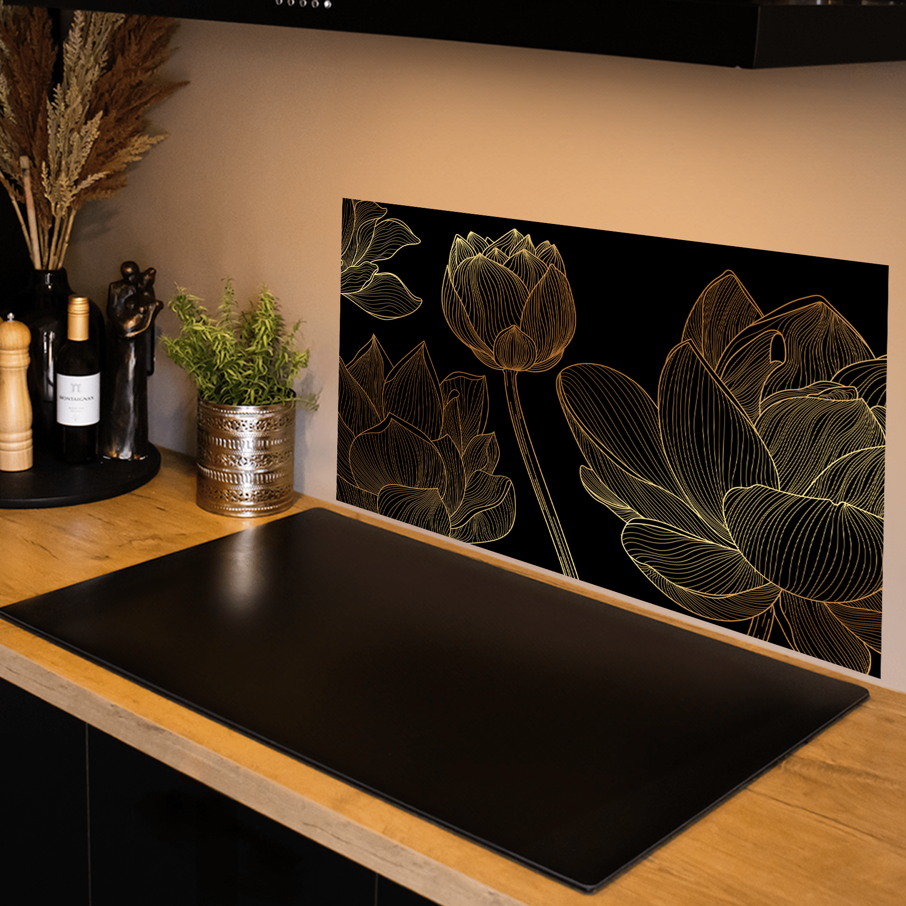Keuken spatscherm - Black & Gold - Lijntekening - Elegant - Luxe - Lotus - keuken spatscherm