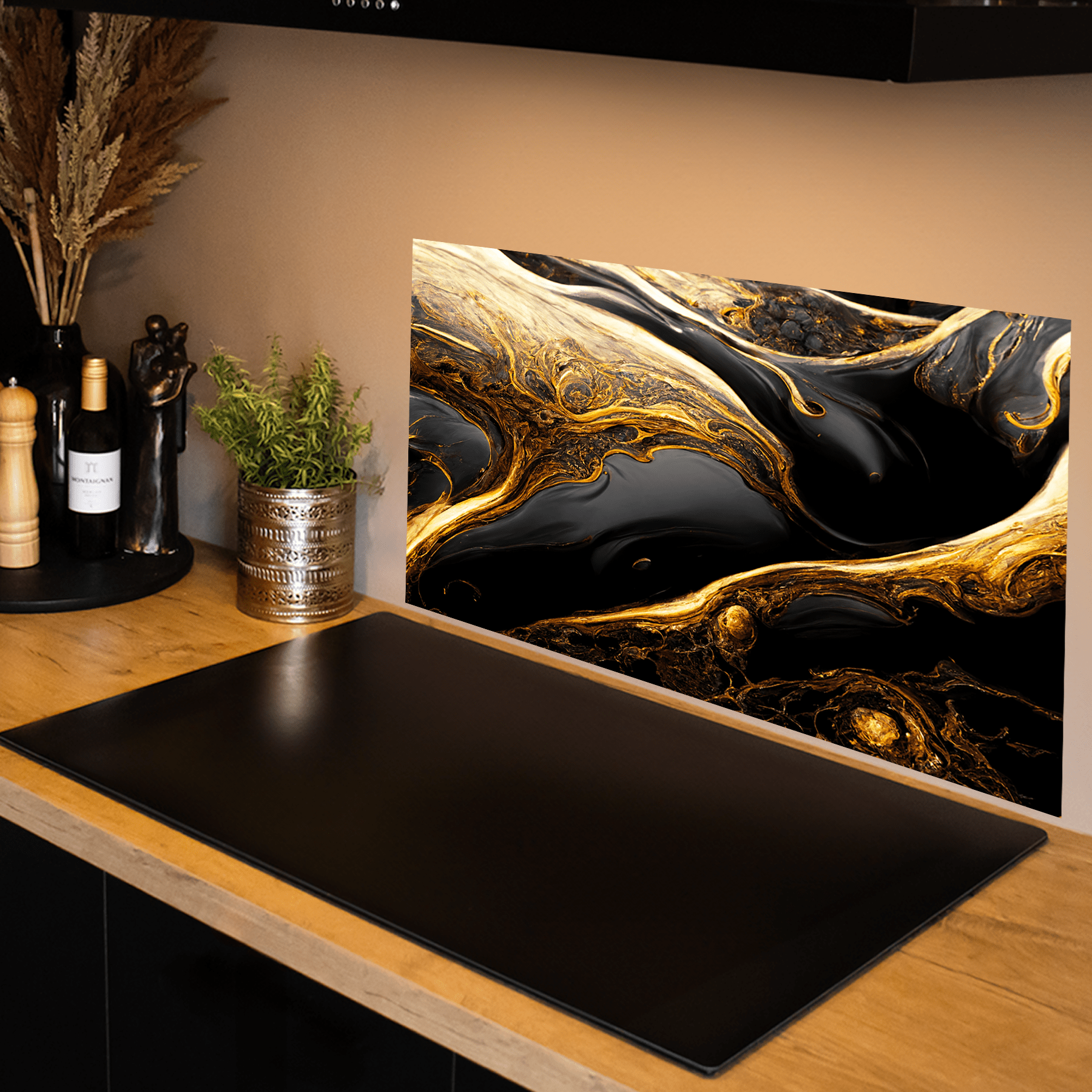 Keuken spatscherm - Black & Gold - Vloeibaar - Marmer - Luxe - keuken spatscherm