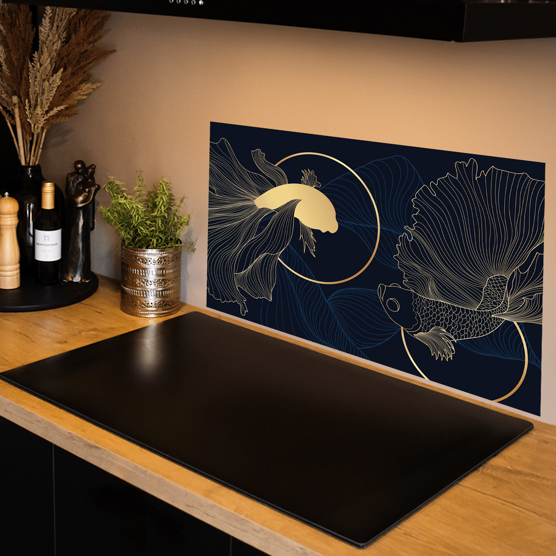 Keuken spatscherm - Black & Gold - Lijntekening - Elegant - Siamese Vis - keuken spatscherm