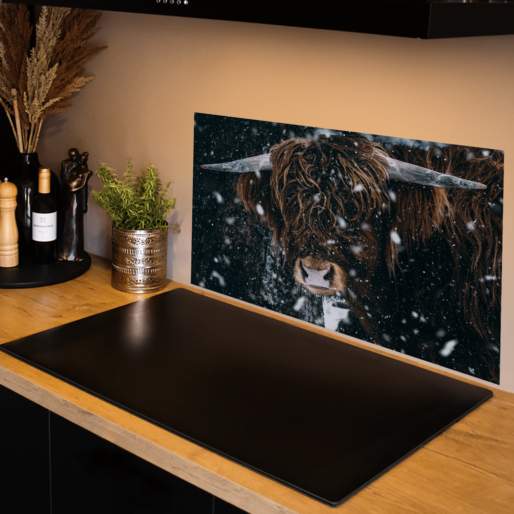 Keuken spatscherm - Schotse Hooglander - Koe - Horen - Sneeuw - keuken spatscherm