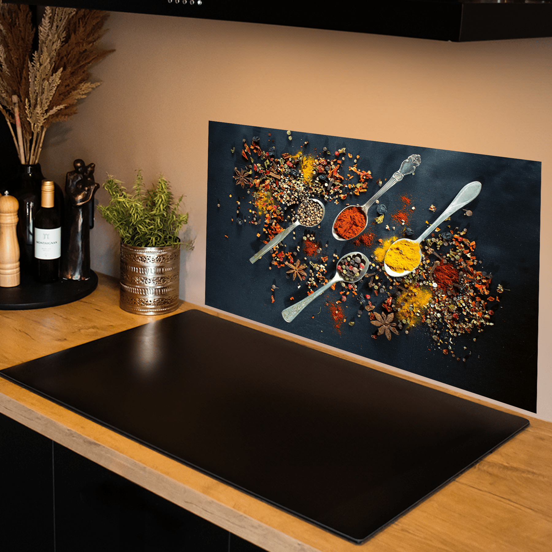 Keuken spatscherm - Kruiden - Specerijen - Lepels - Tafel - Zwart - keuken spatscherm