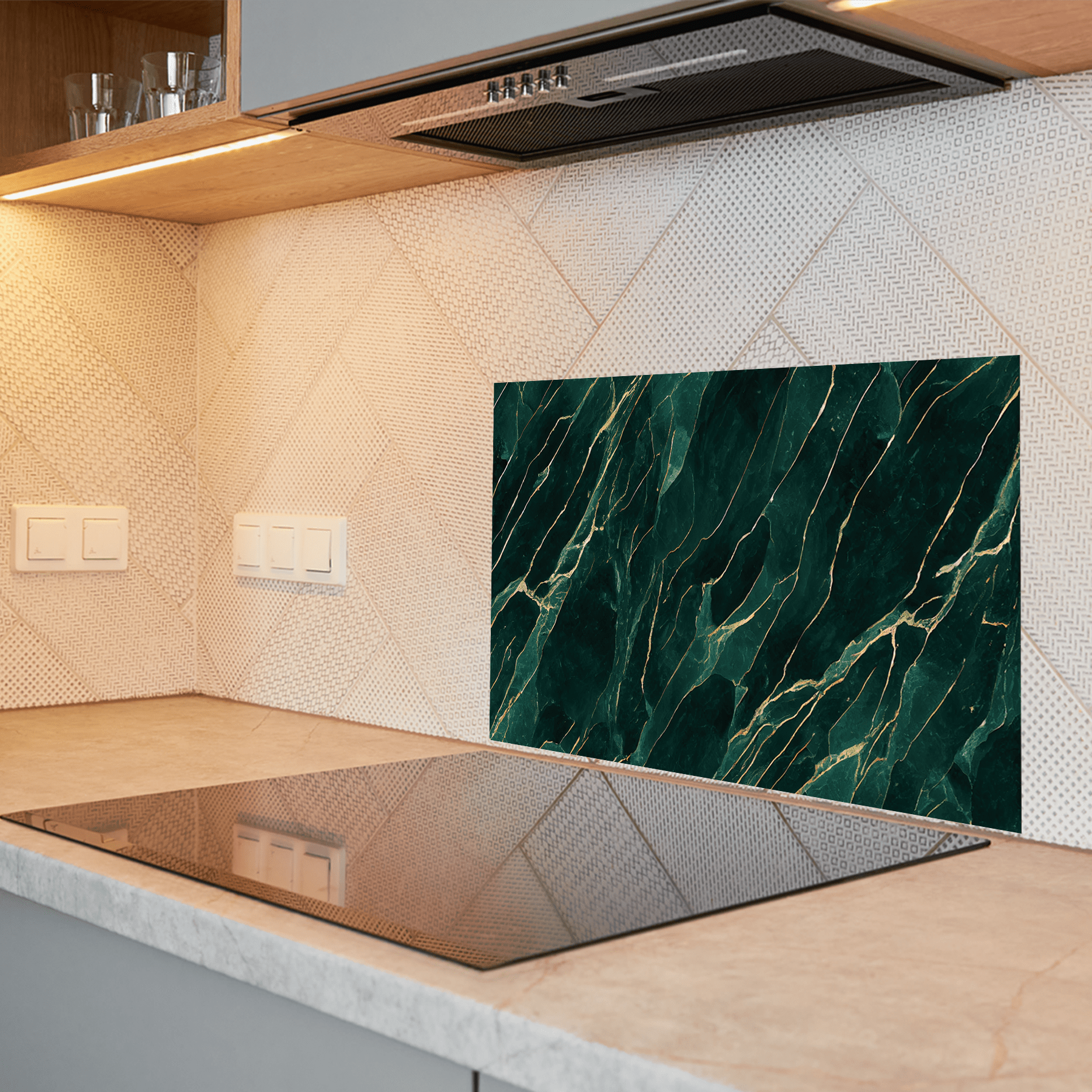 Keuken Spatscherm- Marmer - Natuurlijk - Gouden accenten - Smaragd groen - keuken spatscherm