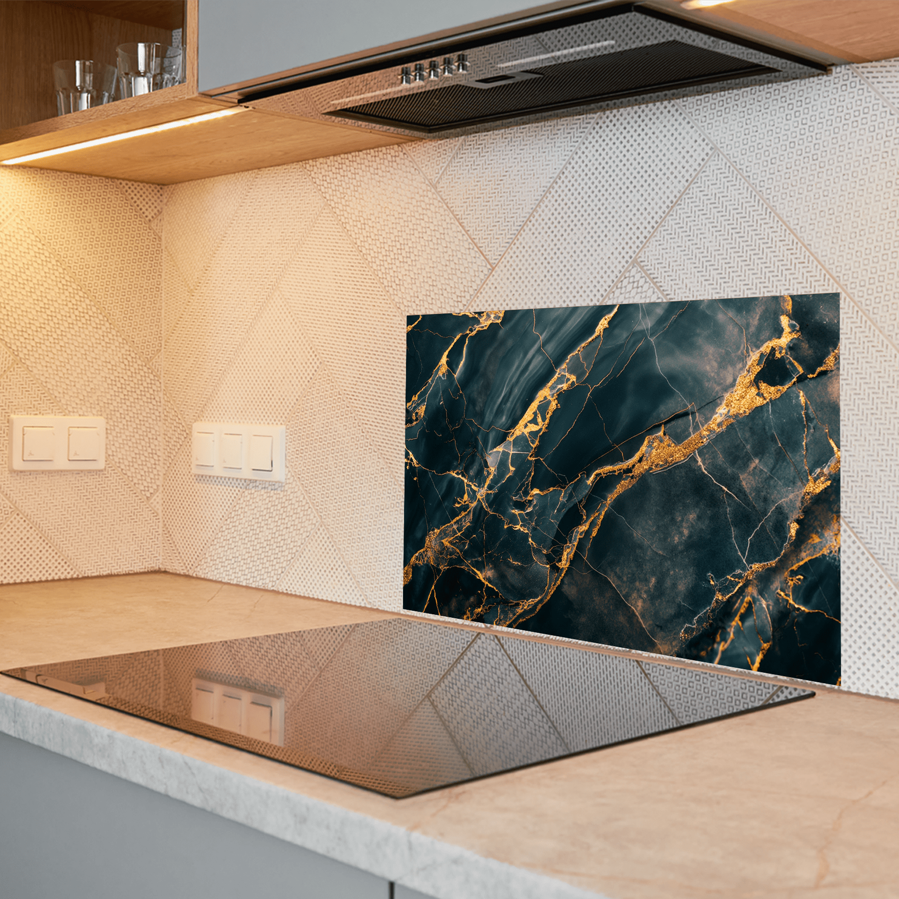 Keuken Spatscherm - Marmer - Luxe - Zwart - Gouden accenten - keuken spatscherm