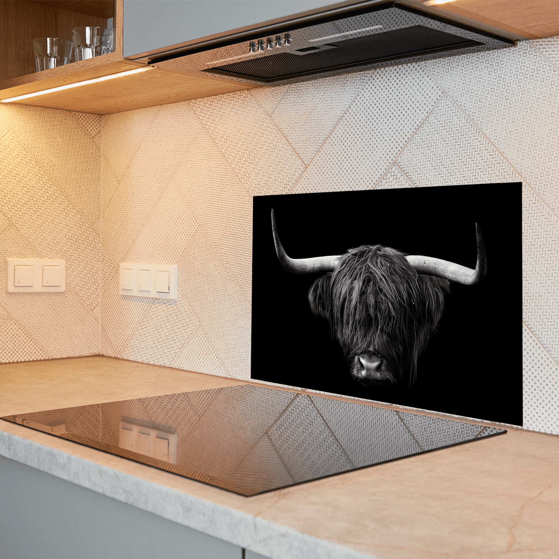 Keuken spatscherm - Schotse Hooglander - Dieren - Vacht - Horens - Zwart - Wit - keuken spatscherm