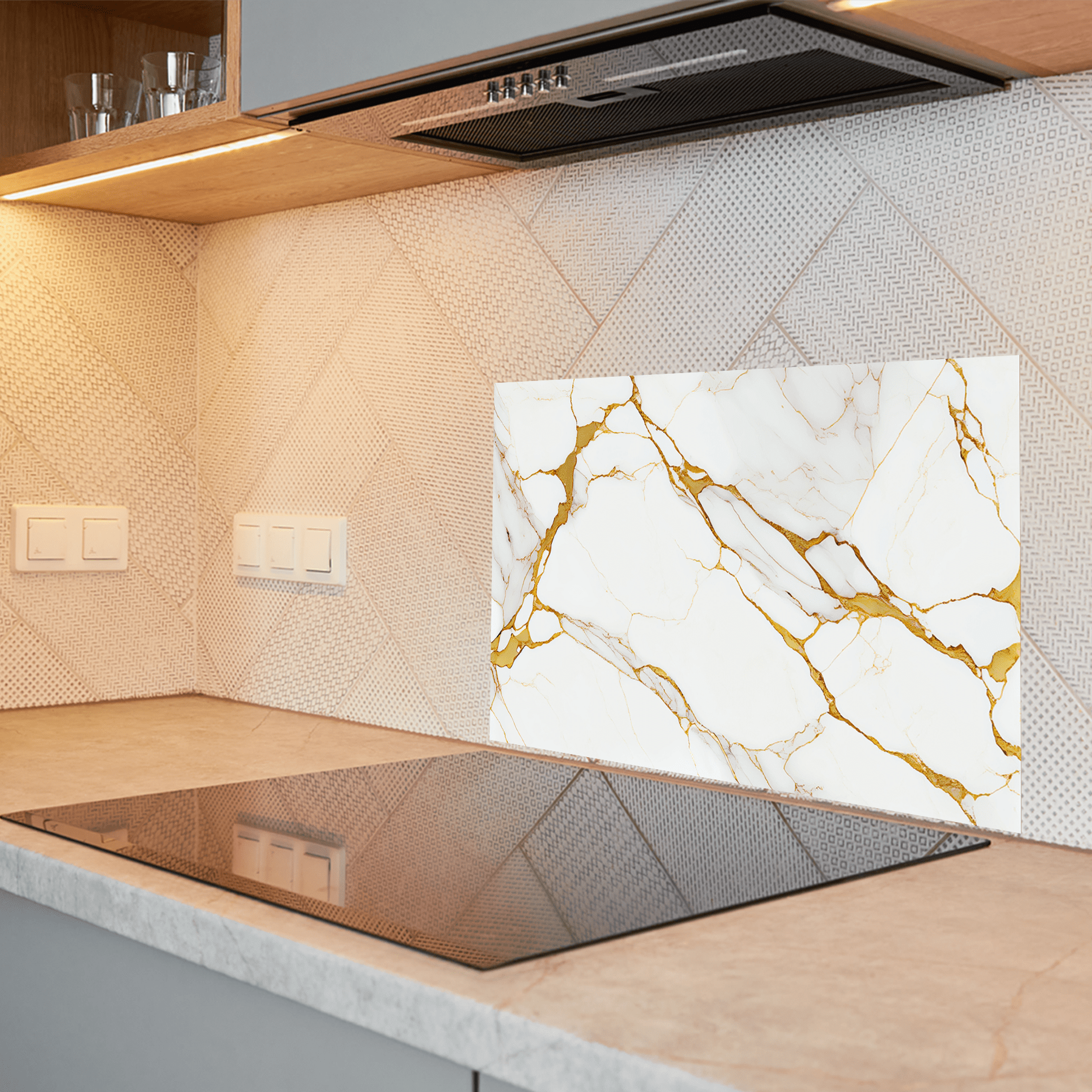 Keuken Spatscherm - Marmer - Natuurlijk - Gouden accenten - Wit - keuken spatscherm