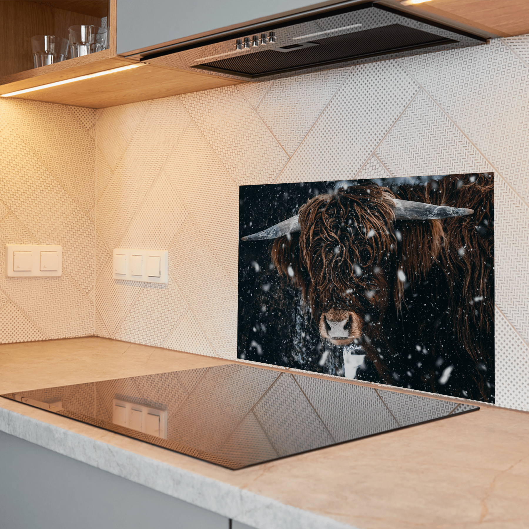 Keuken spatscherm - Schotse Hooglander - Koe - Horen - Sneeuw - keuken spatscherm