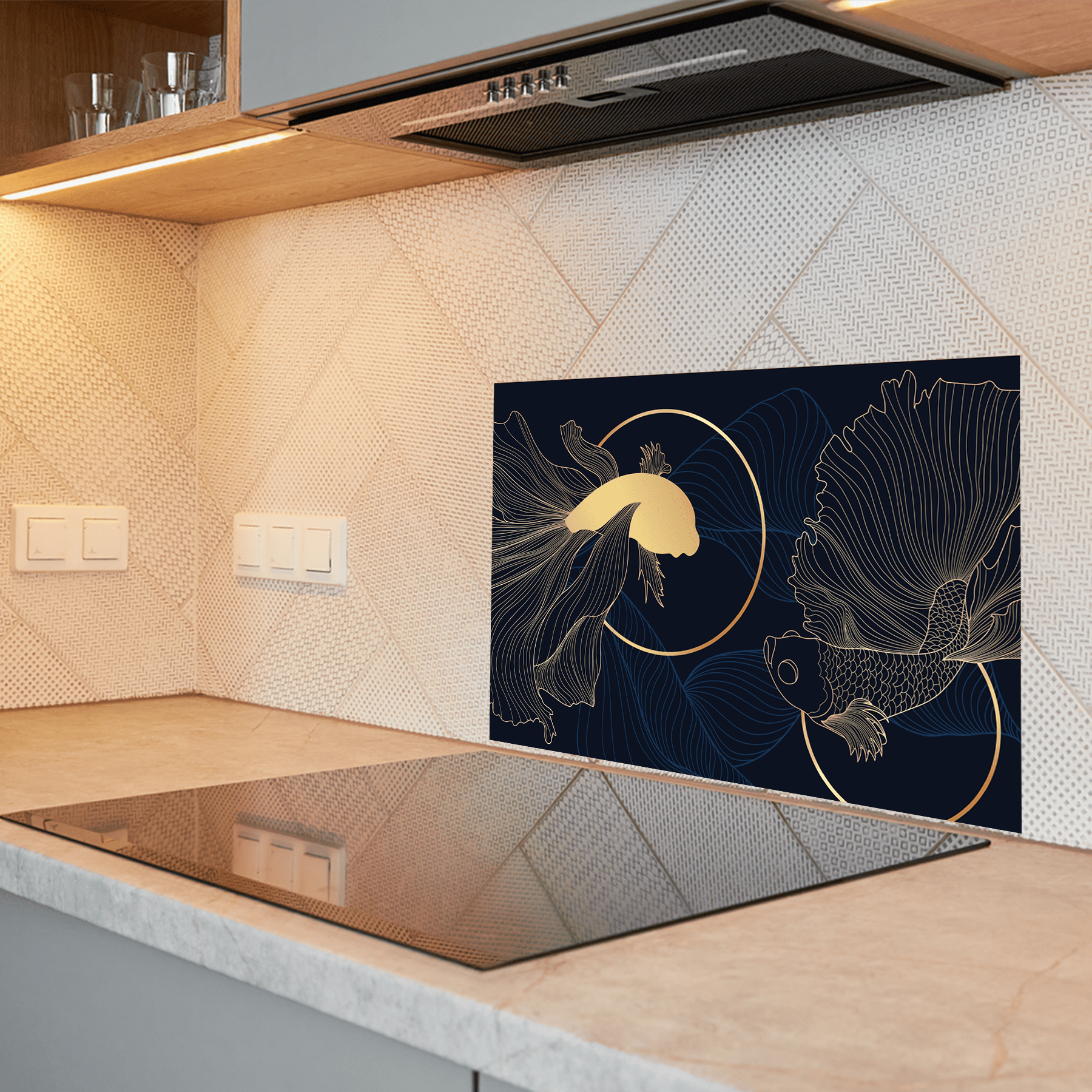 Keuken spatscherm - Black & Gold - Lijntekening - Elegant - Siamese Vis - keuken spatscherm