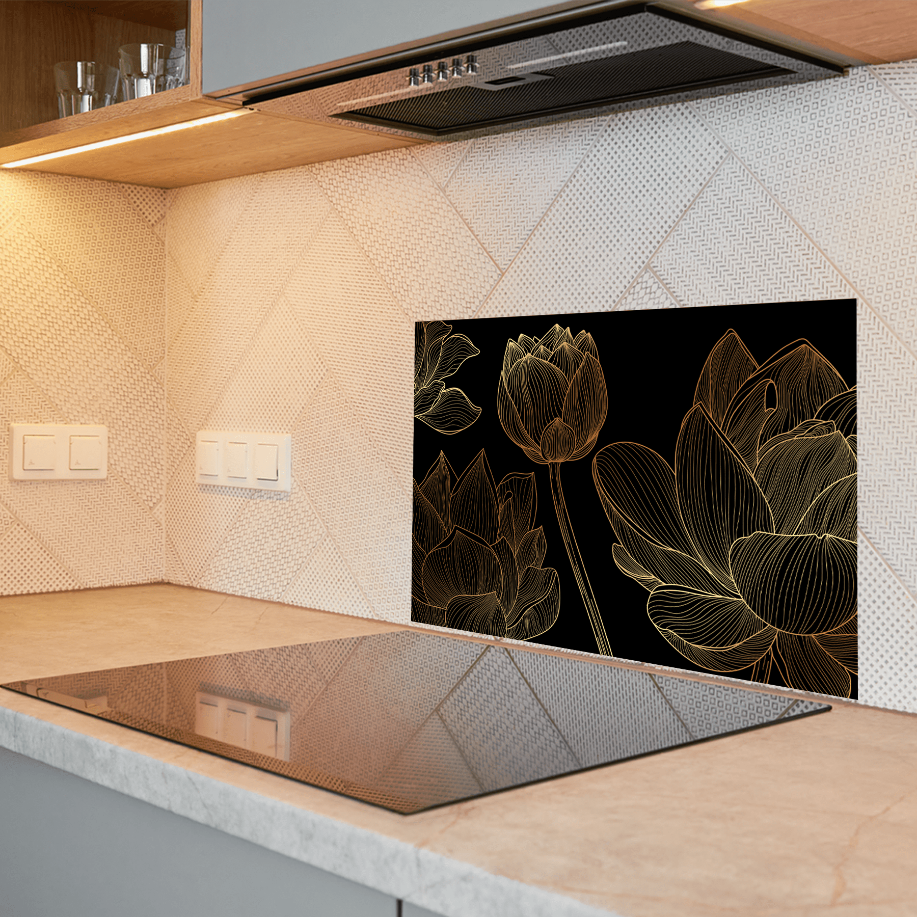 Keuken spatscherm - Black & Gold - Lijntekening - Elegant - Luxe - Lotus - keuken spatscherm