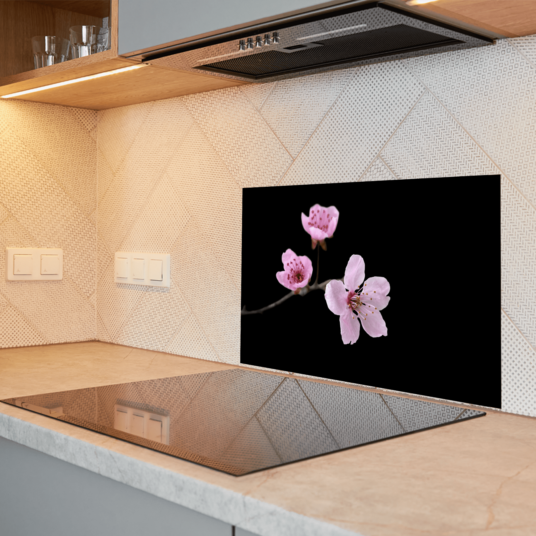 Keuken Spatscherm - Bloemen - Sakura - Roze - Zwart - keuken spatscherm