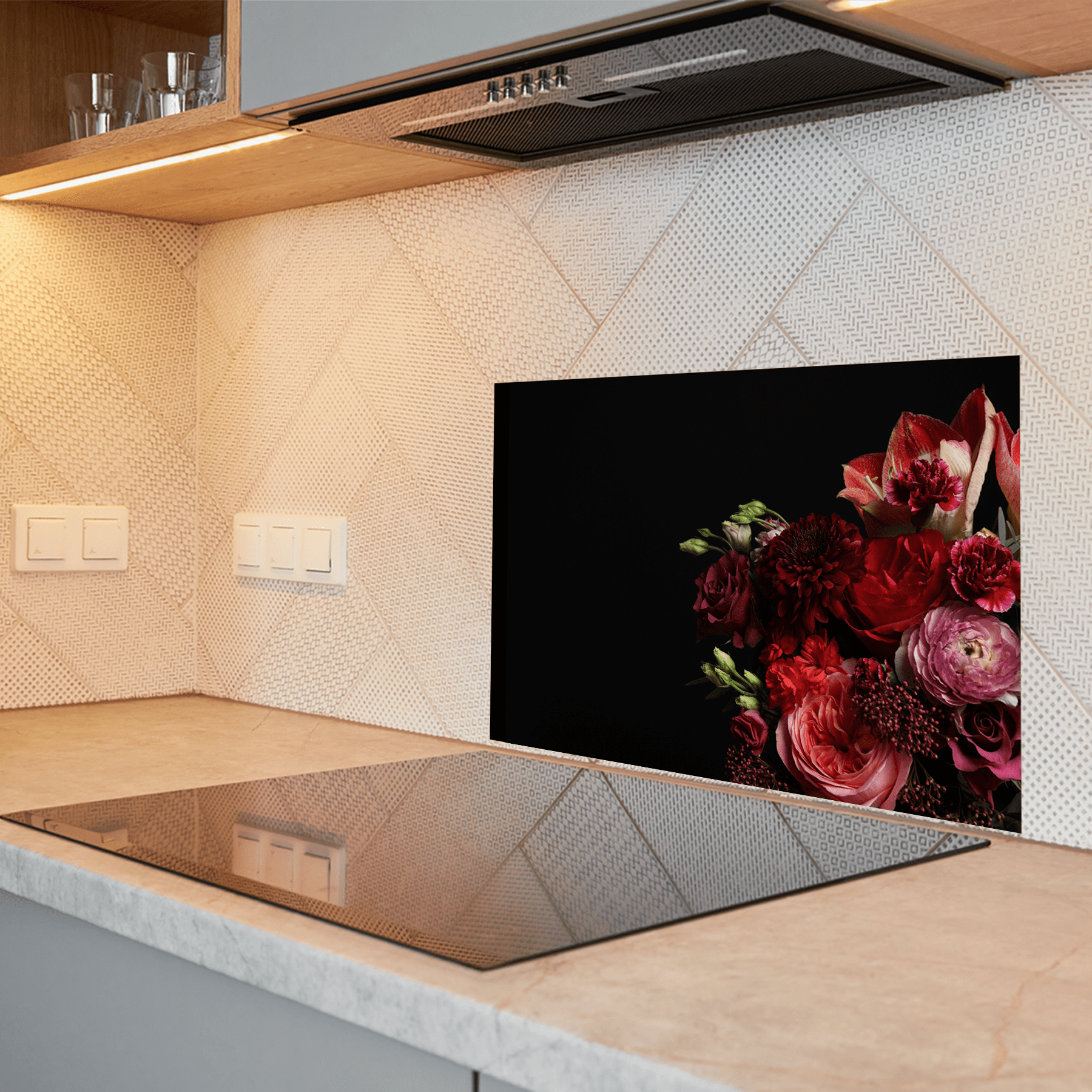 Keuken Spatscherm- Bloemen - Boeket - Rood - Zwart - keuken spatscherm