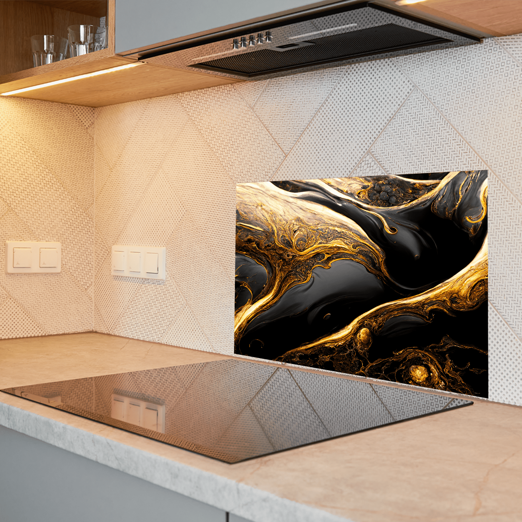 Keuken spatscherm - Black & Gold - Vloeibaar - Marmer - Luxe - keuken spatscherm