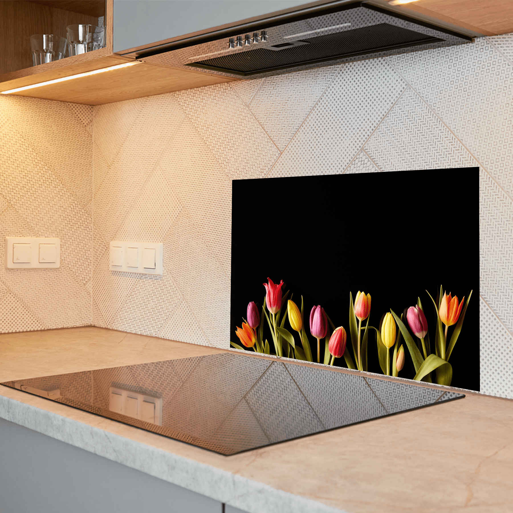 Keuken Spatscherm - Bloemen - Tulpen - Kleurrijk - Zwart - keuken spatscherm
