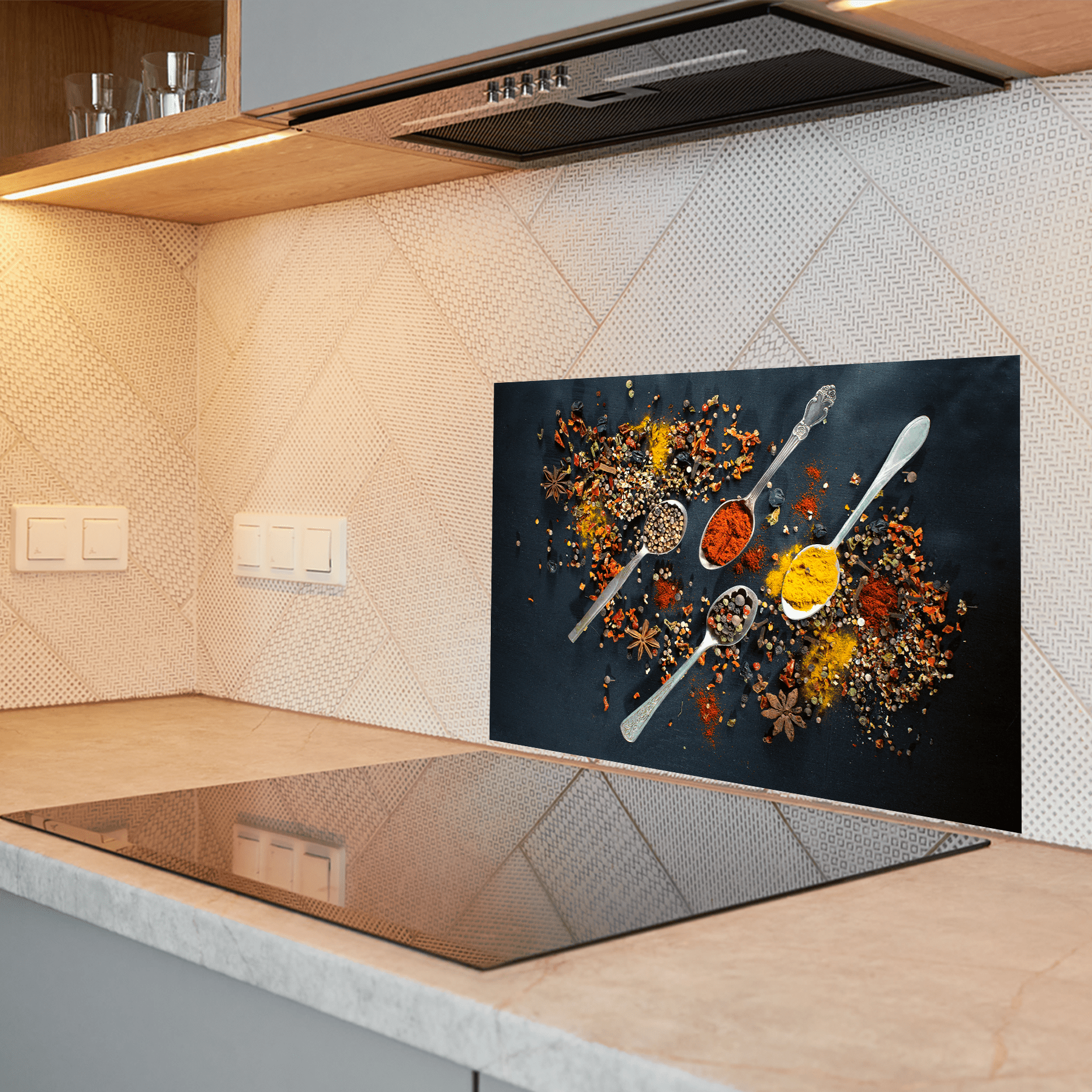 Keuken spatscherm - Kruiden - Specerijen - Lepels - Tafel - Zwart - keuken spatscherm