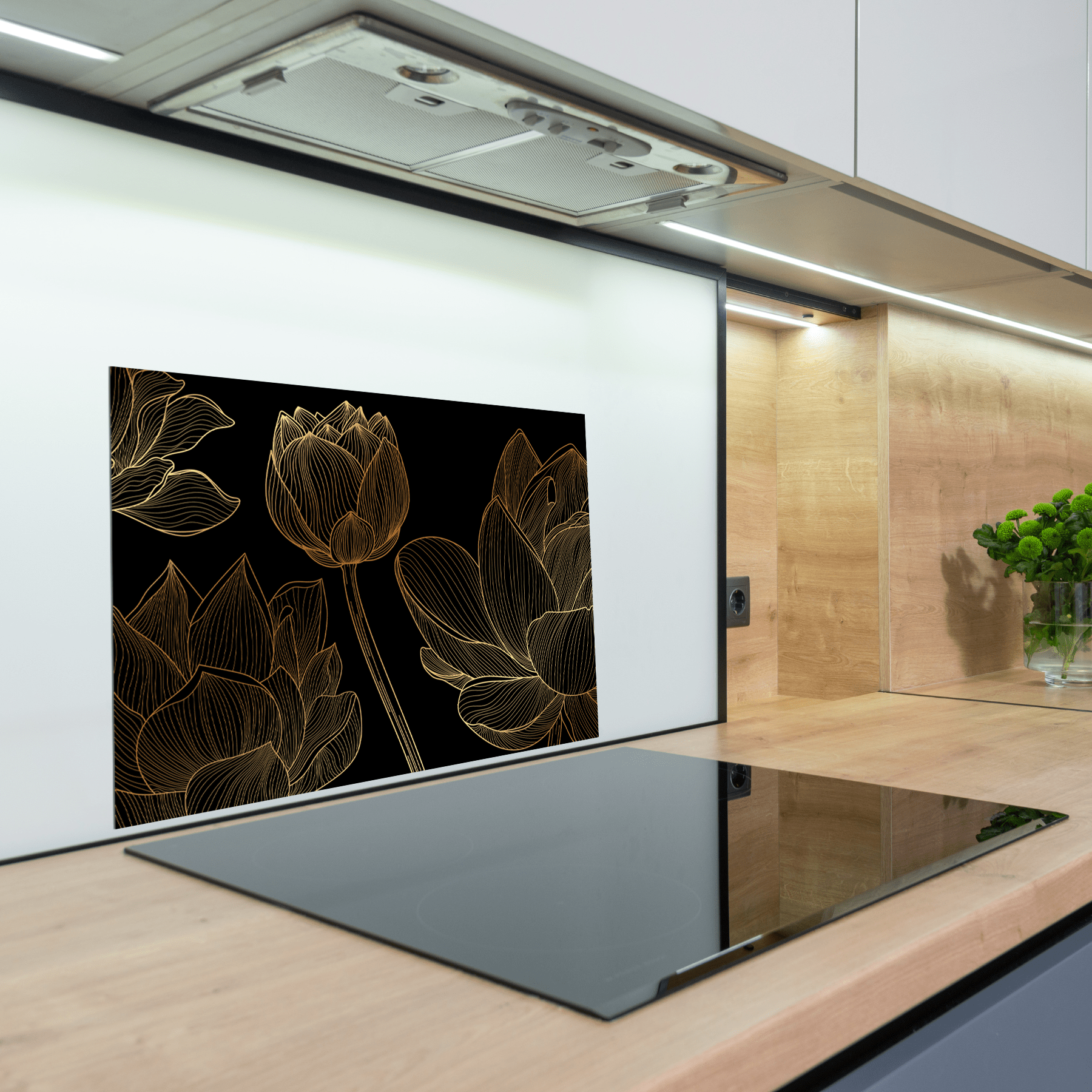Keuken spatscherm - Black & Gold - Lijntekening - Elegant - Luxe - Lotus - keuken spatscherm