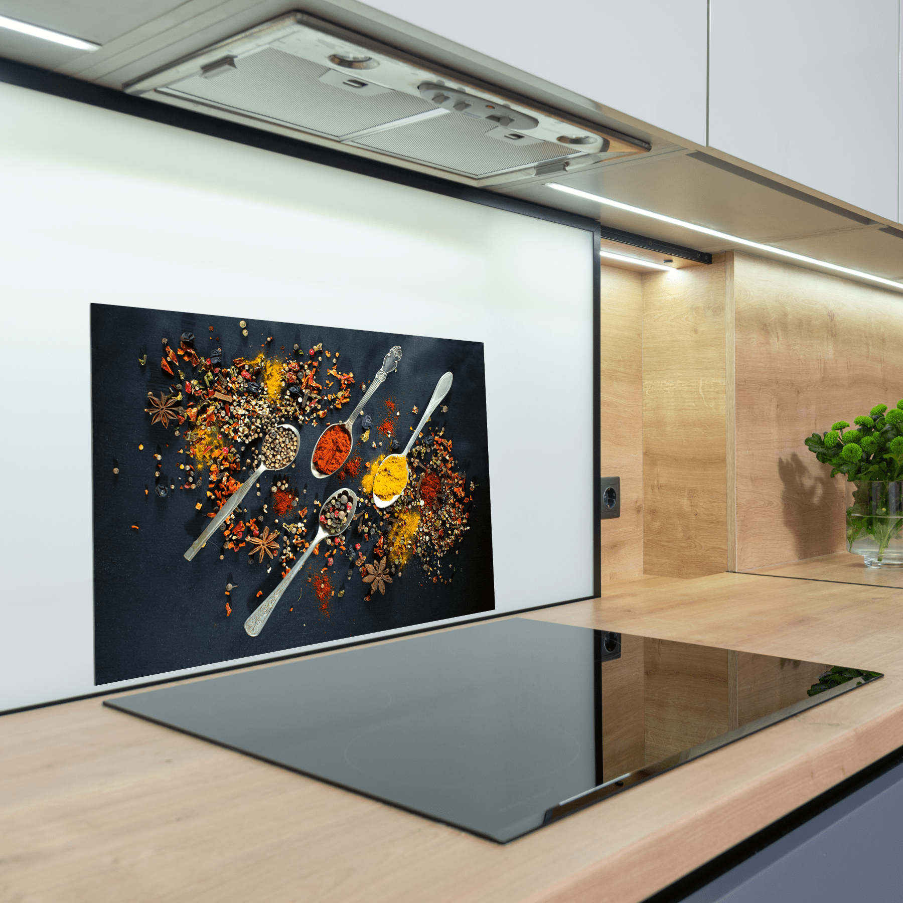 Keuken spatscherm - Kruiden - Specerijen - Lepels - Tafel - Zwart - keuken spatscherm