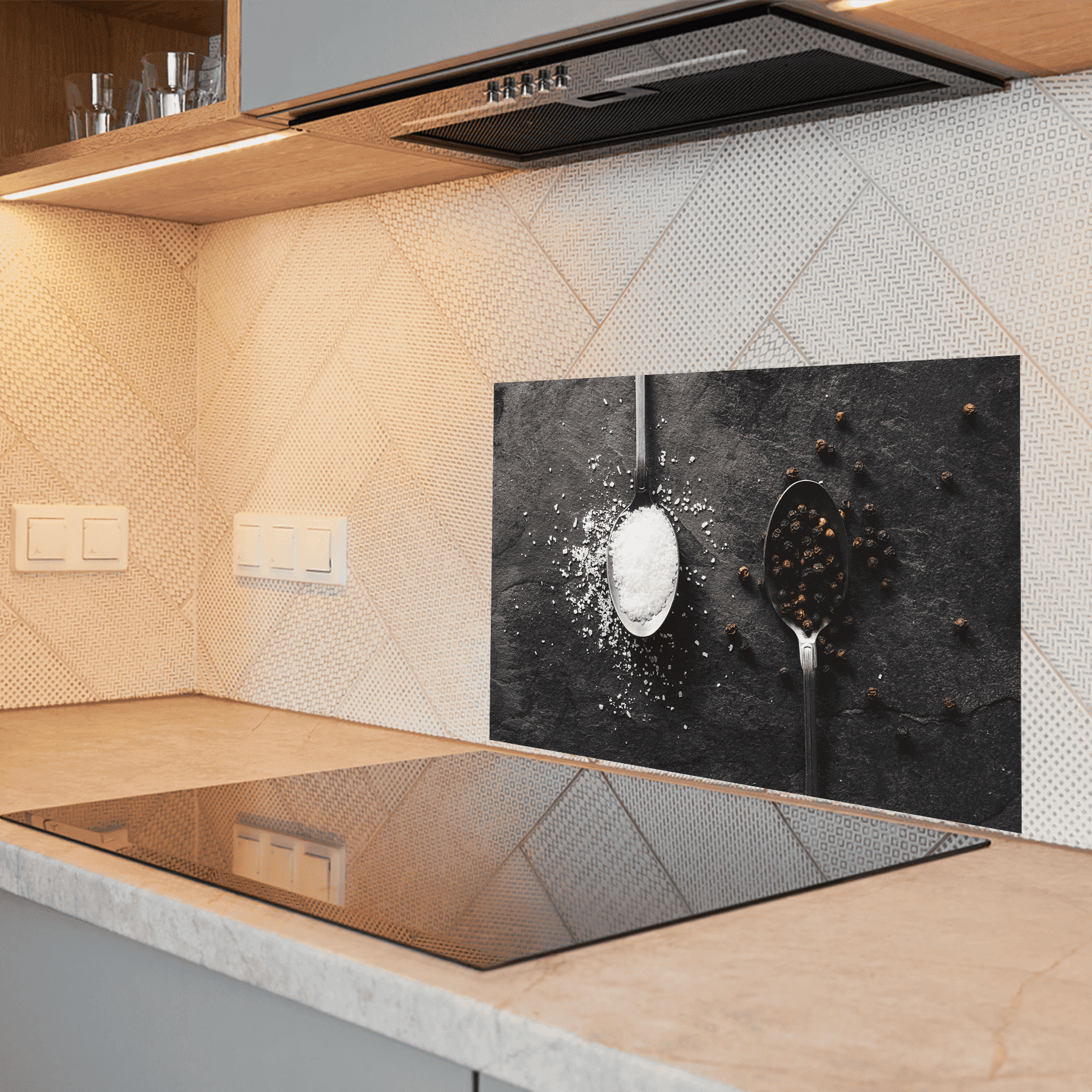 Keuken spatscherm - Tijm - Kruiden - Lepels - Zwart