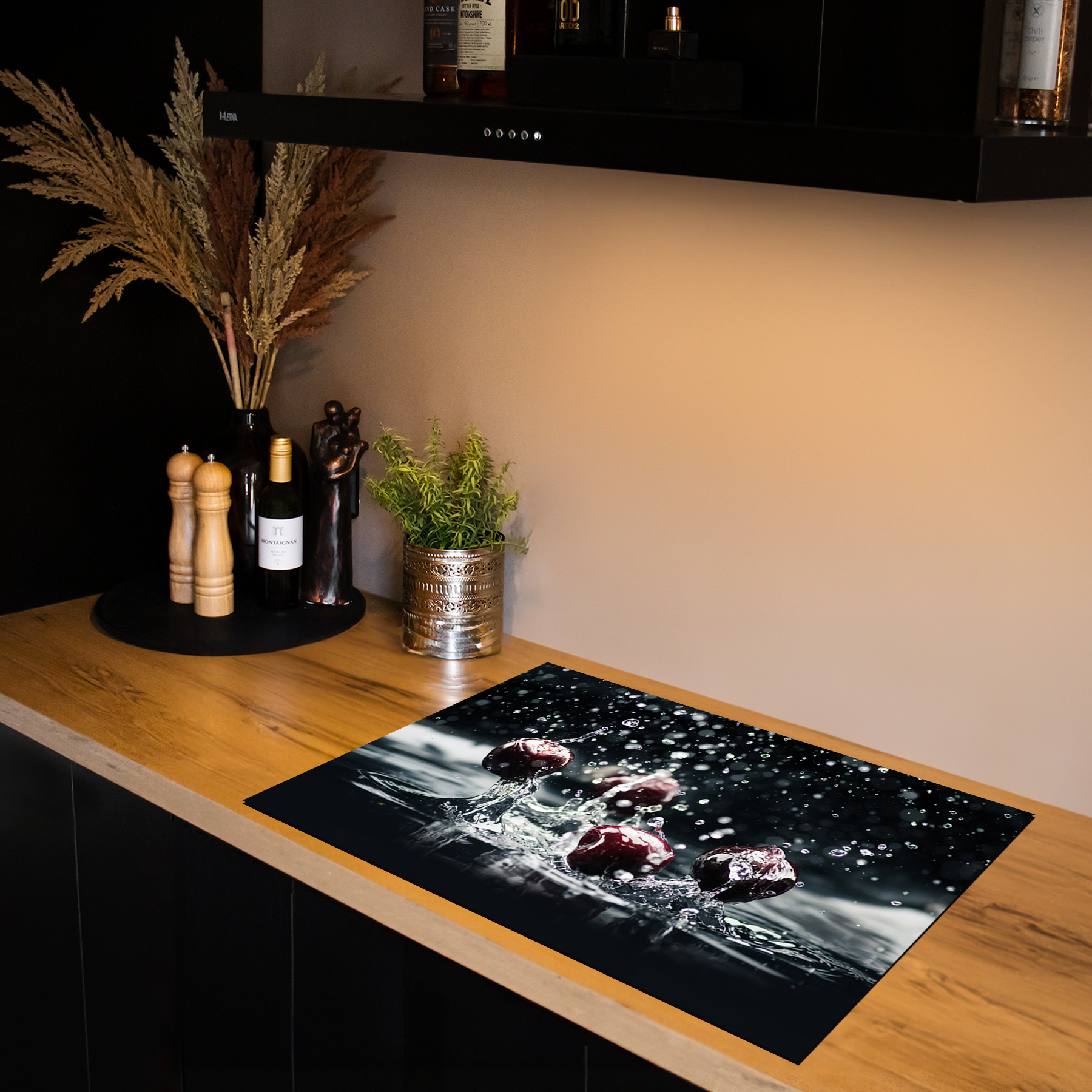 Inductiebeschermer - Splash - Kersen - Water - Zwart