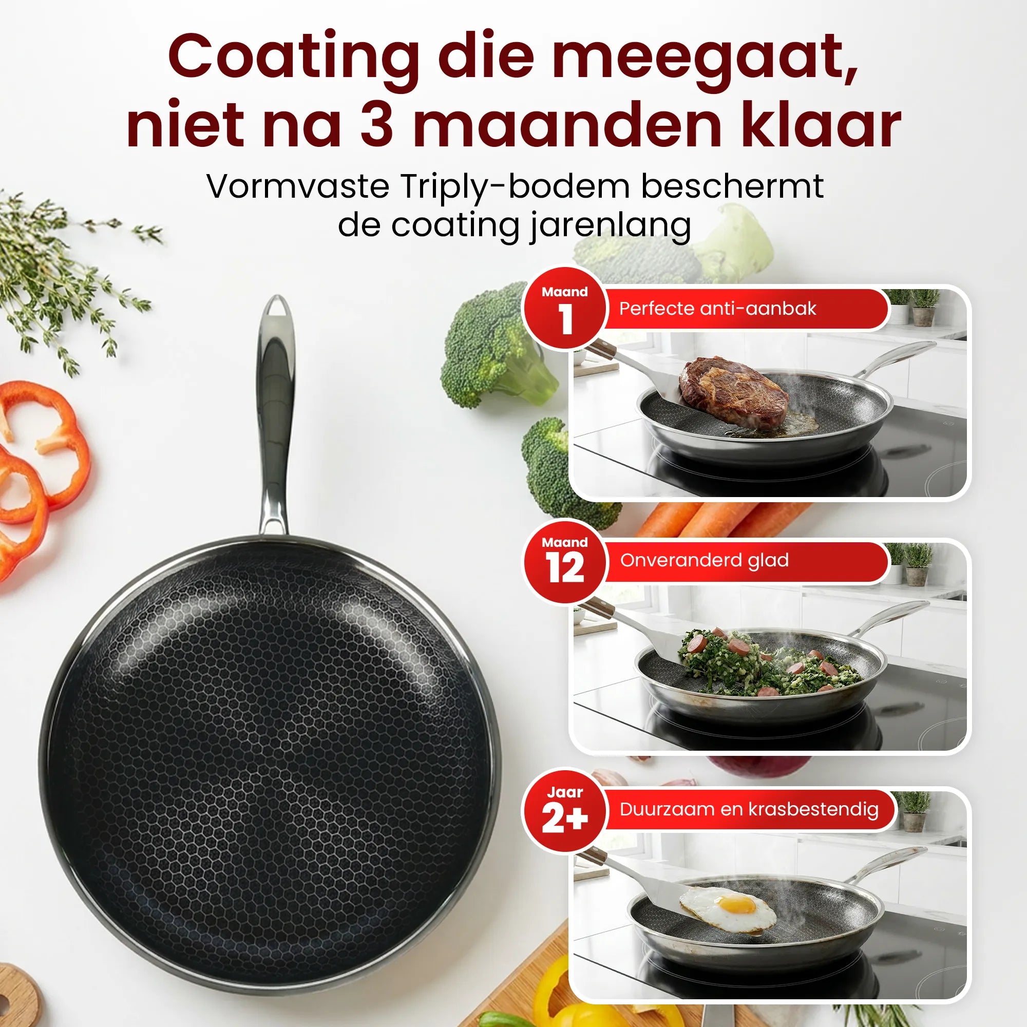 Inductie Maatje hybride koekenpan met duurzame KFCC-coating en Triply-bodem voor langdurige anti-aanbakprestaties.