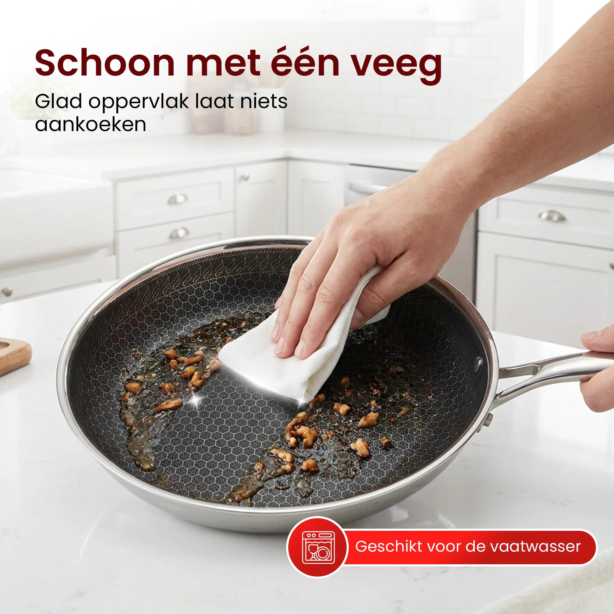 Hybride koekenpan met honingraatstructuur die eenvoudig wordt schoongeveegd en geschikt is voor de vaatwasser.