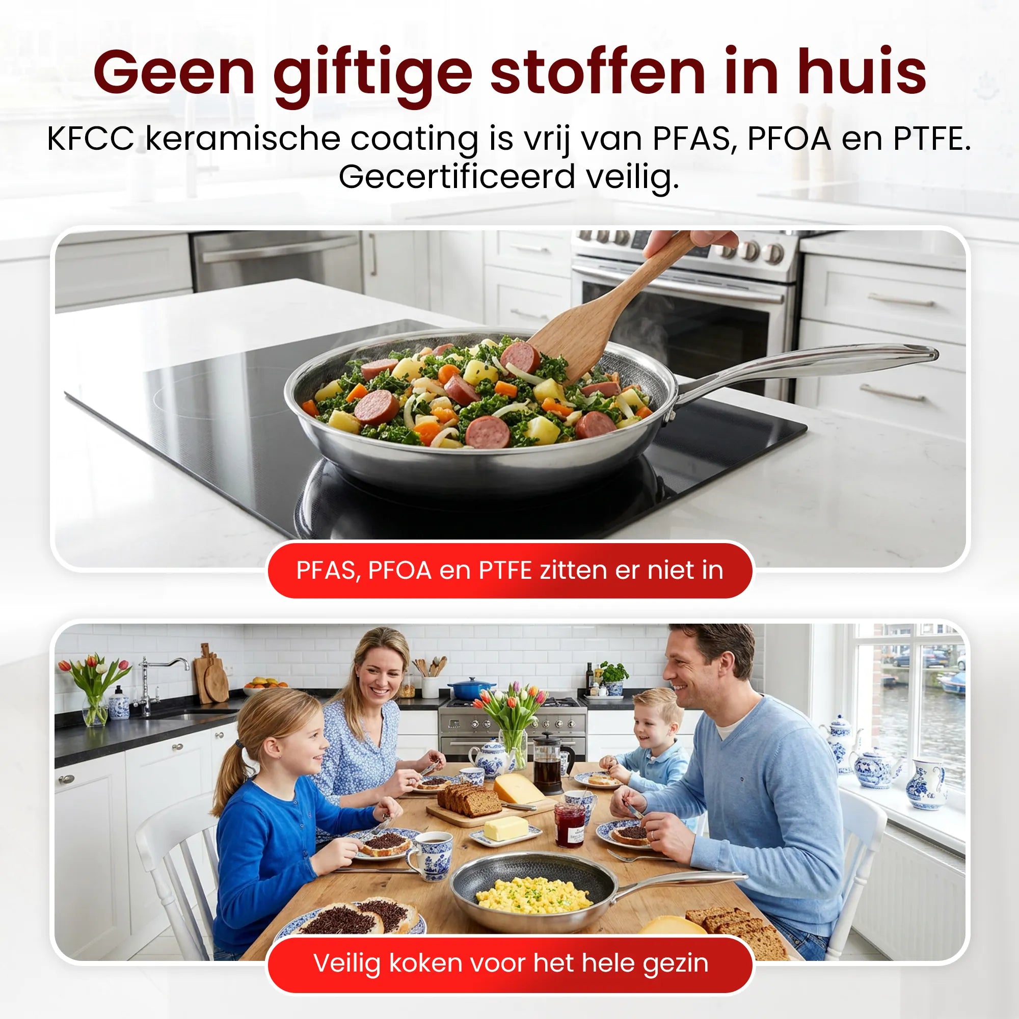 Inductie Maatje hybride koekenpan met PFAS-vrije keramische KFCC-coating voor veilig koken voor het hele gezin.