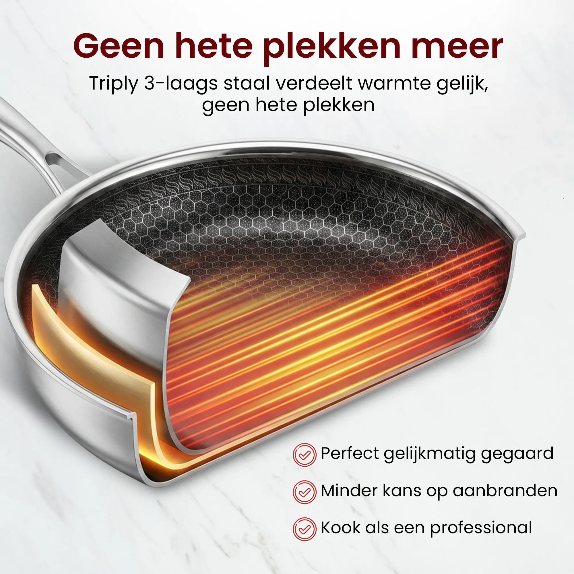 Doorsnede van de Triply-bodem van de hybride koekenpan voor gelijkmatige warmteverdeling en minder kans op aanbranden.