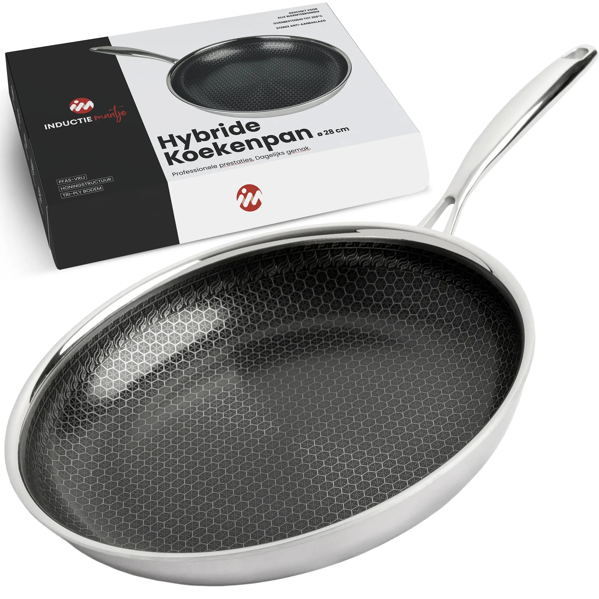 Inductie Maatje hybride koekenpan van 28 cm met RVS buitenzijde, honingraatstructuur en verpakking.