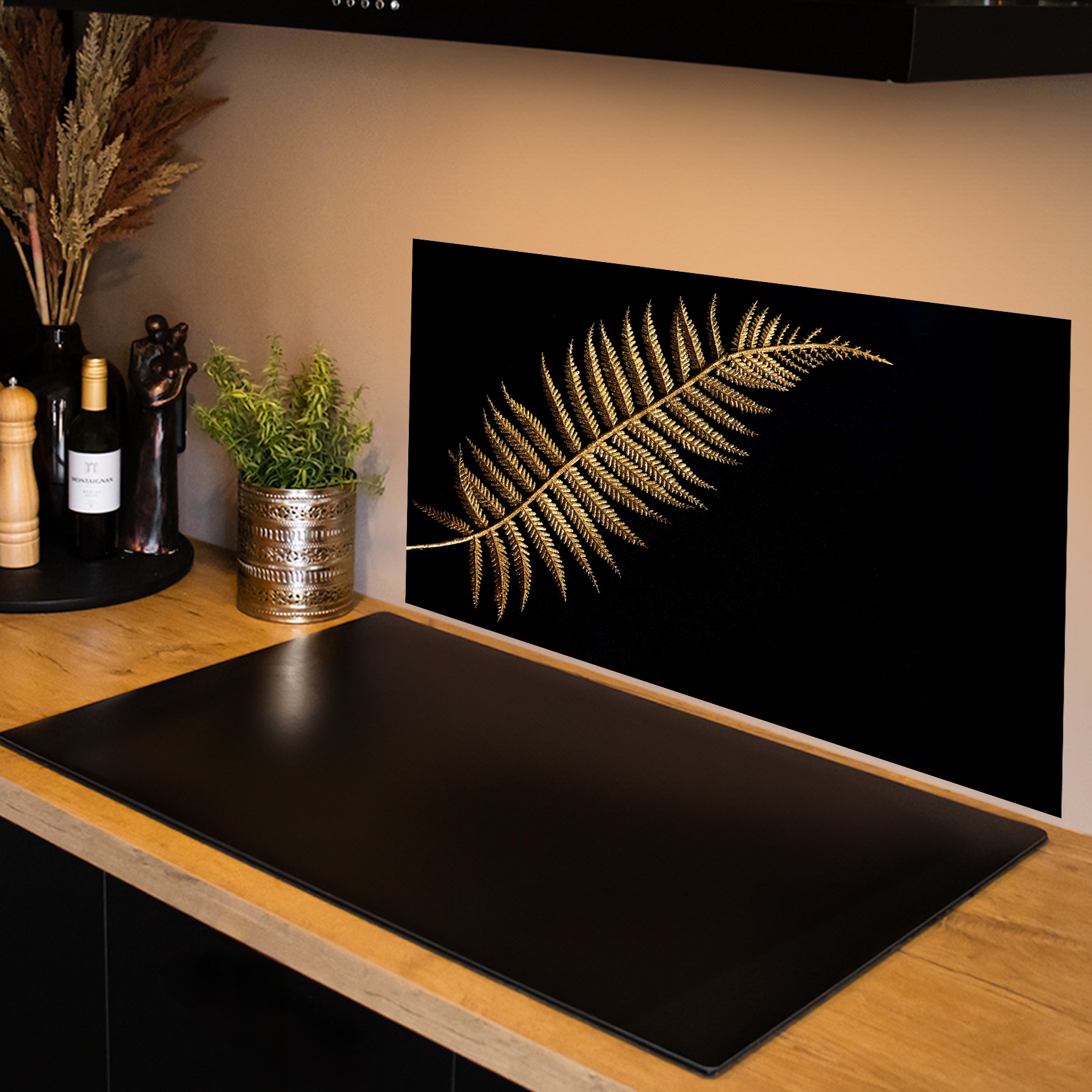 Keuken spatscherm - Black & Gold - Groot blad - Zwart